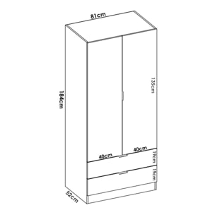 Guardaroba Pisanino, Mobile appendiabiti per camera da letto, Armadio a 2 ante battenti e 2 cassetti, 81x52h184 cm, Bianco