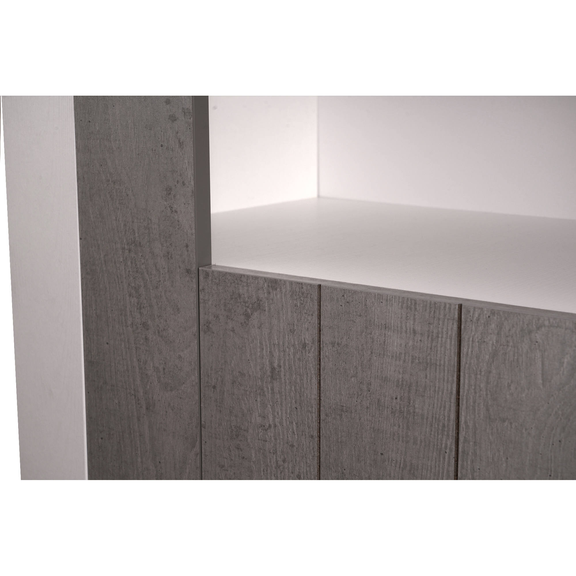 Credenza alta moderna di design a 2 ante e scaffali, Buffet da cucina, Madia con scaffali e ripiani, cm 105x42h143, colore Bianco e Cemento