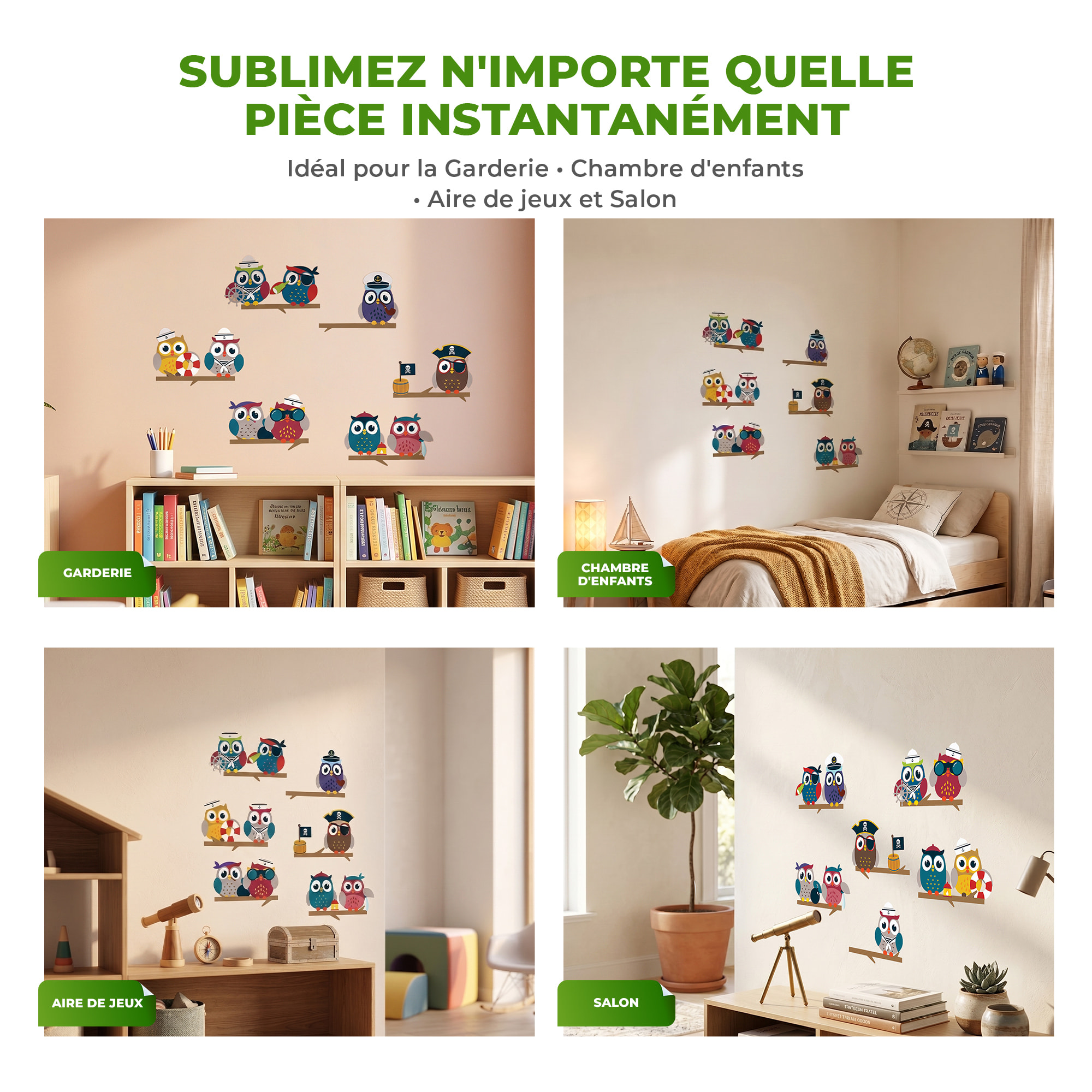 Stickers Muraux décoration adhésifs hiboux pirates sur branches