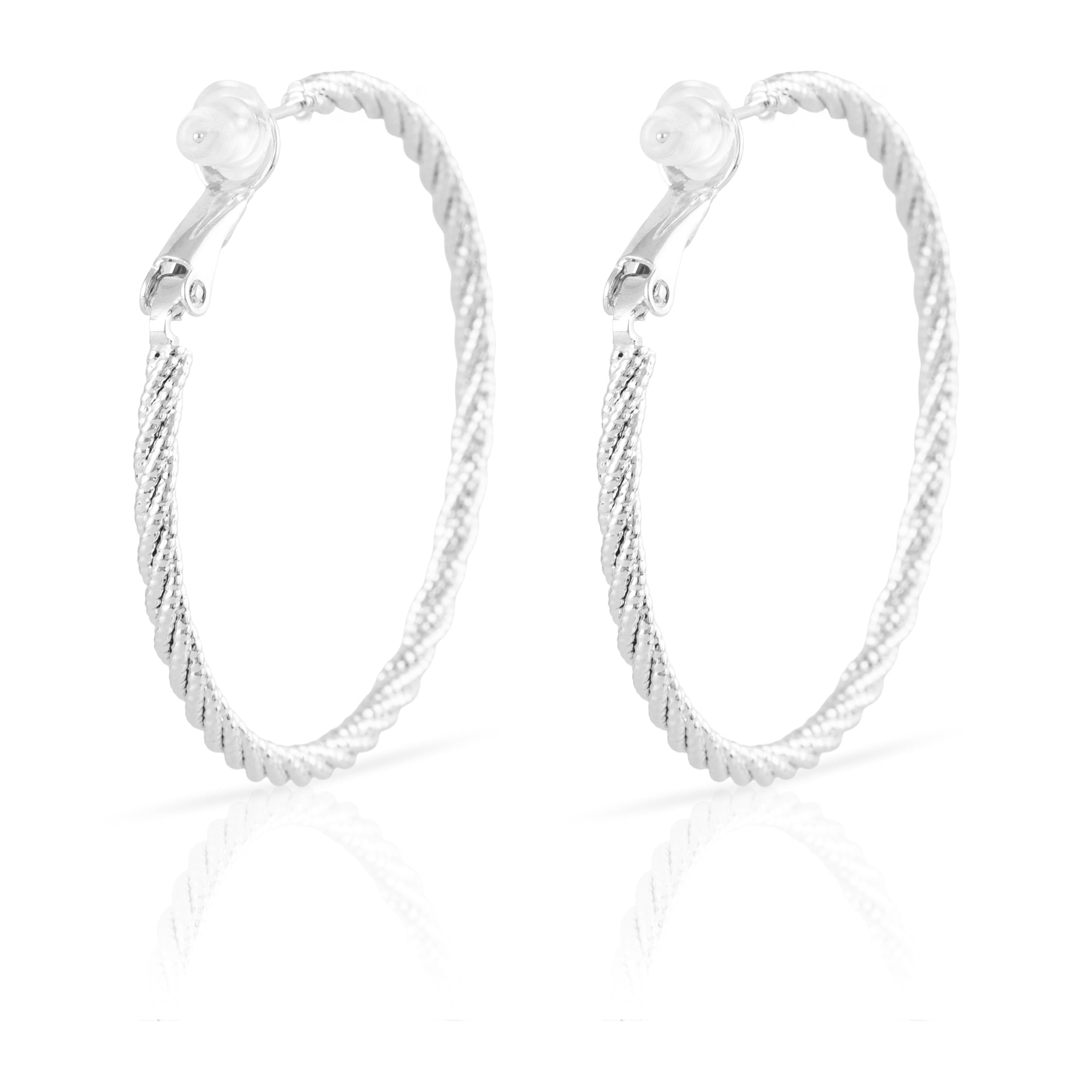 Pendientes de aro trenzado de cobre con recubrimiento electroplateado brillante, 40 mm, con cierre catalán en plata de ley 925.