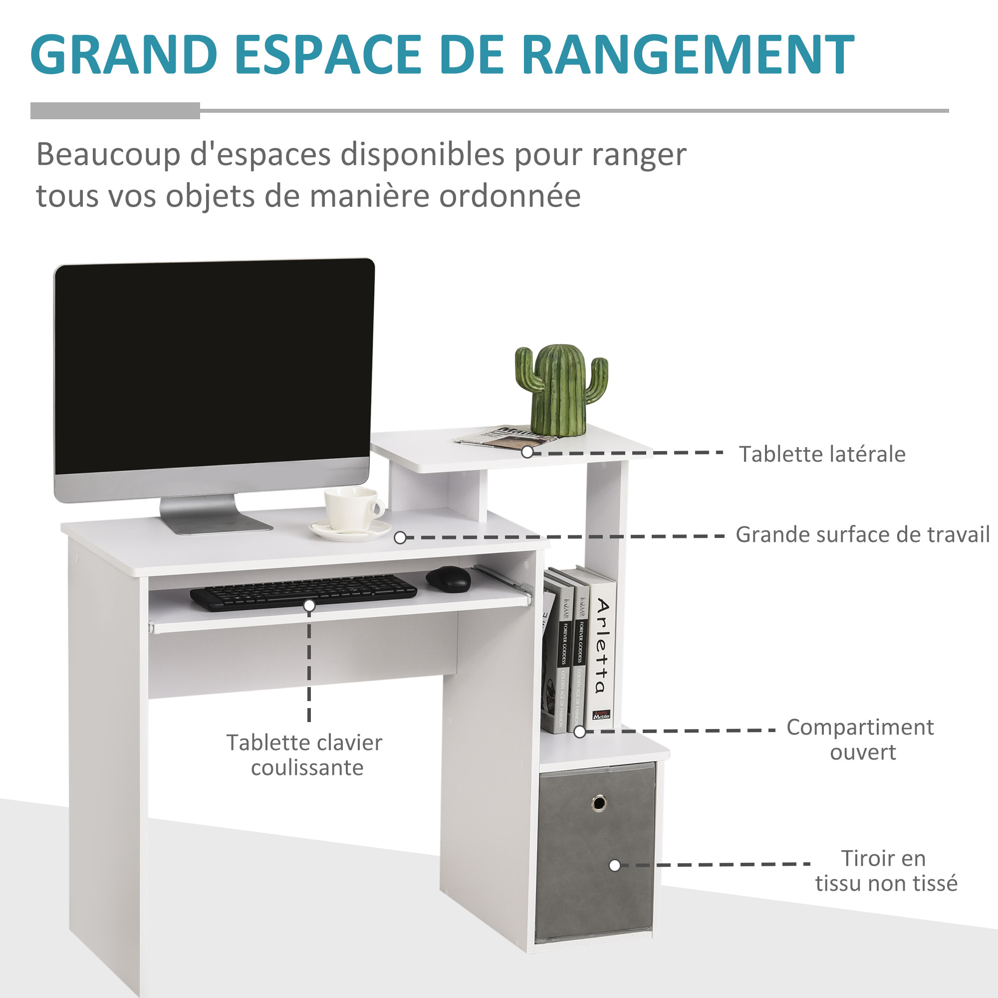 Bureau informatique multimédia étagères tablette clavier panier gris panneaux particules blanc