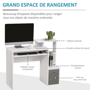 Bureau informatique multimédia étagères tablette clavier panier gris panneaux particules blanc