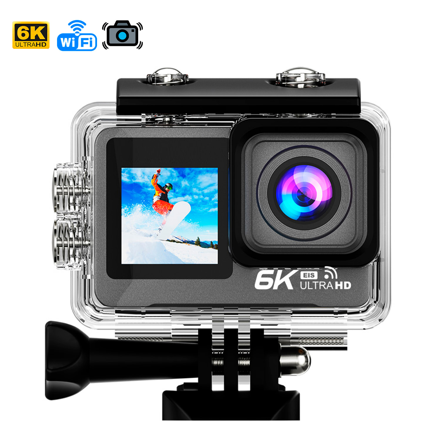 Camera Sportiva M82 TR 6k 30fps con 47,75 mpx, doppio schermo da 2" e 1.3" con una moltitudine di accessori sportivi e WIFI.