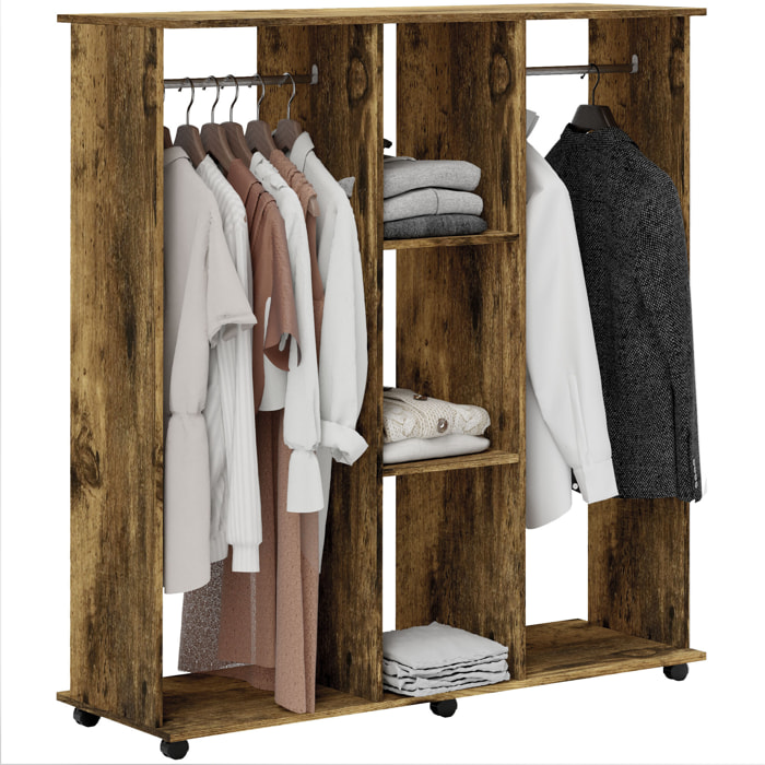 Armoire penderie meuble de rangement mobile 6 roulettes 120L x 40l x 128H cm panneaux de particules aspect bois vieilli