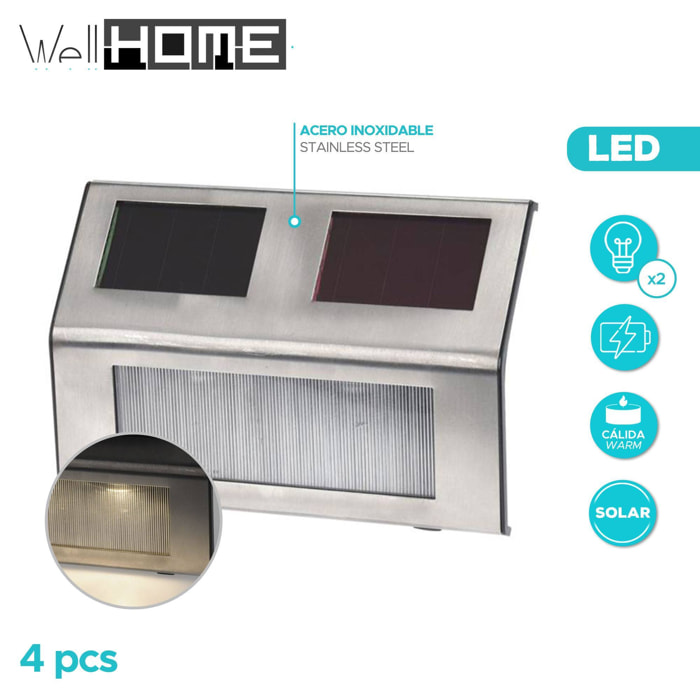 Well home - set de 4 luces solares en acero inoxidable con 2 leds