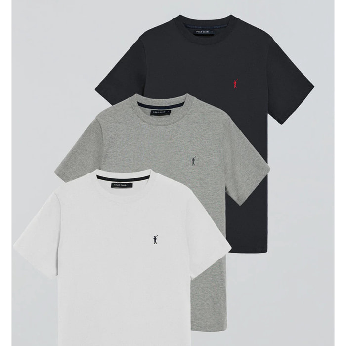 Pack di tre magliette a maniche corte blu marino, bianca e grigio vigorè con logo Rigby Go