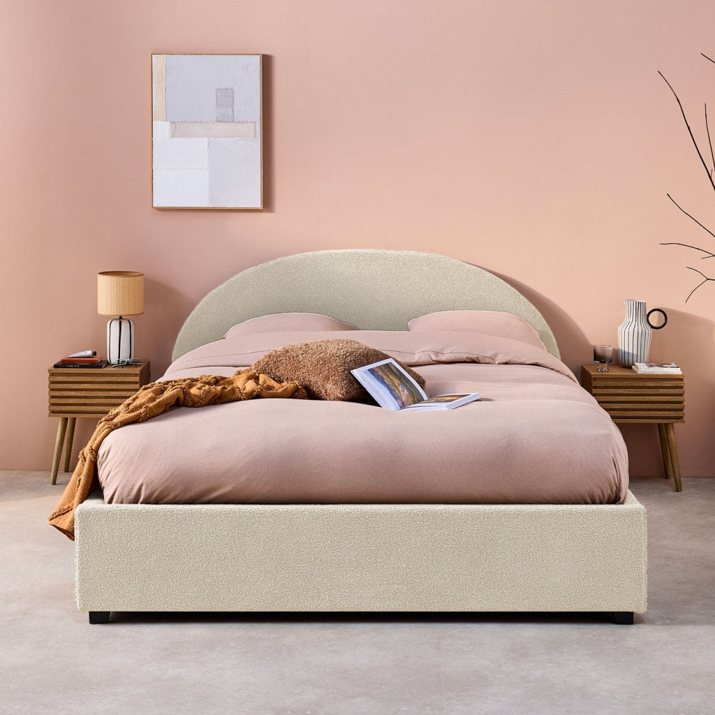 Lit coffre avec sommier à lattes et tête de lit. finition bouclette. blanc. L216.5 x P174 x H102cm