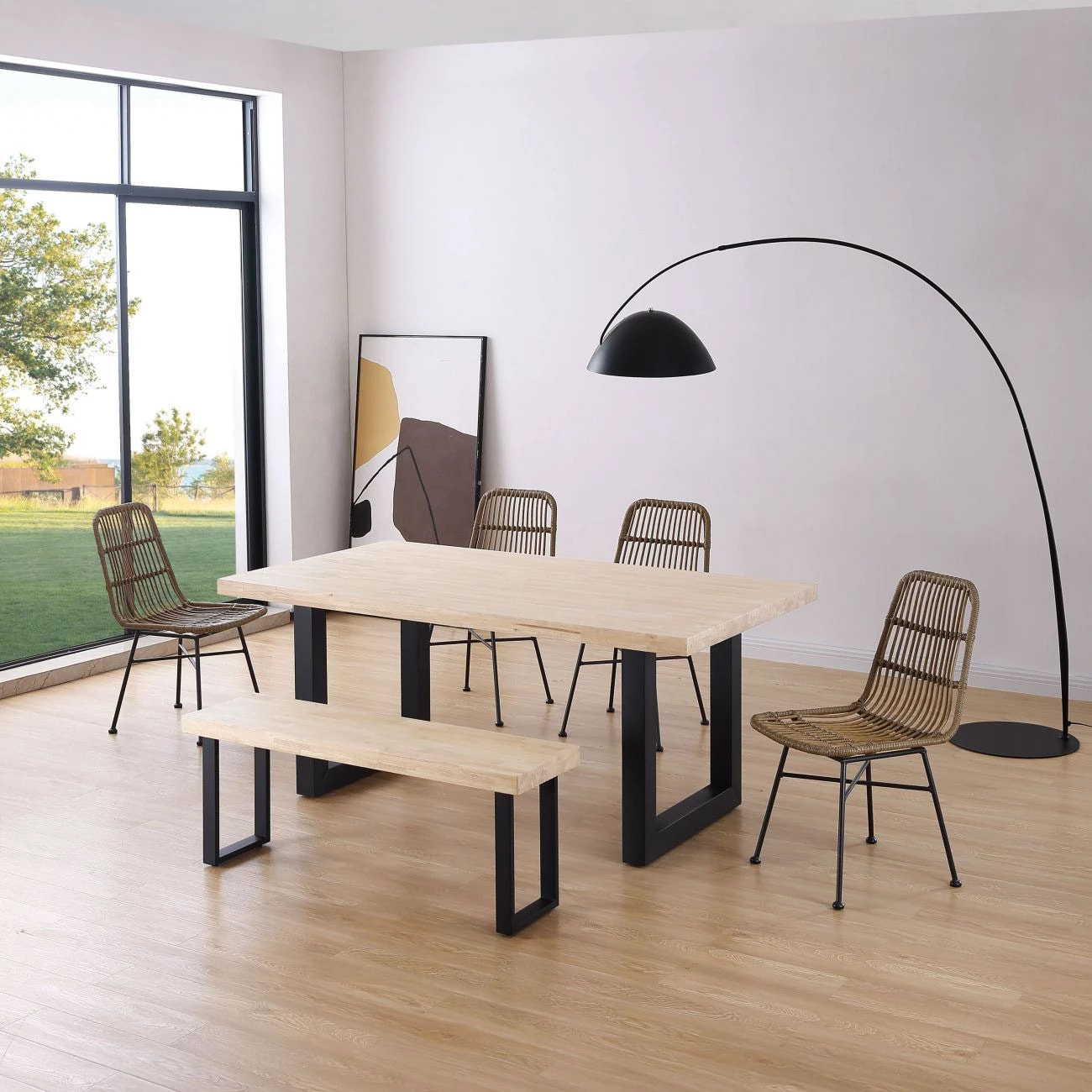 Mesa de comedor fija con patas metálicas en negro y roble 180x100 cm Loft Negro - Roble