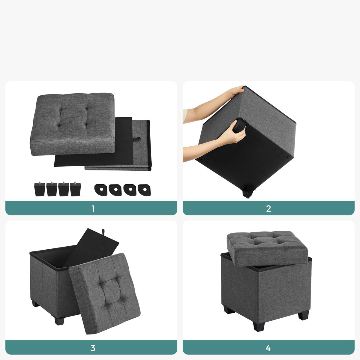 Pouf contenitore pieghevole in tessuto effetto lino grigio