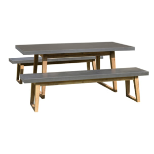 HECTOR - SALON DE JARDIN HOUSTON - RÉSINE EFFET BETON ET ACACIA 4/6 pers. - 1 table rectangulaire 180*90cm et 2 bancs