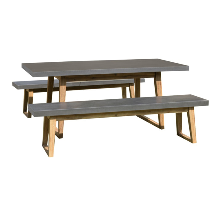 HECTOR - SALON DE JARDIN HOUSTON - RÉSINE EFFET BETON ET ACACIA 4/6 pers. - 1 table rectangulaire 180*90cm et 2 bancs
