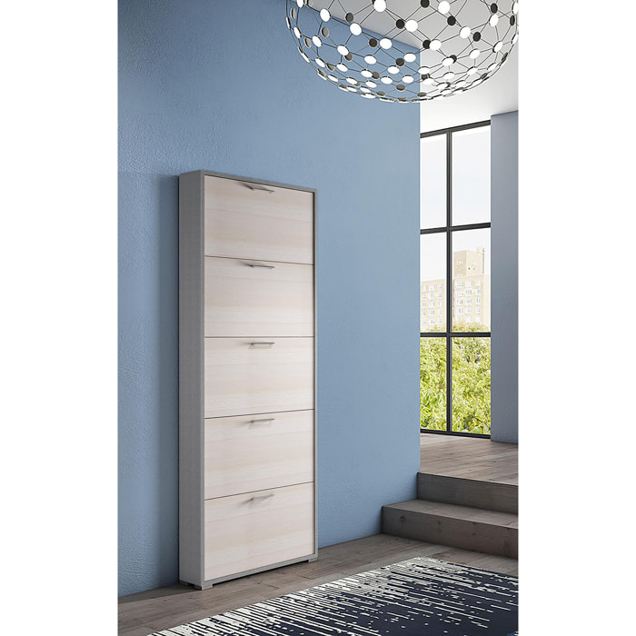 Scarpiera Margherita, Mobile multiuso da ingresso con 5 ante a ribalta, Armadietto portascarpe moderno, 100% Made in Italy, Cm 67x18h184, Larice