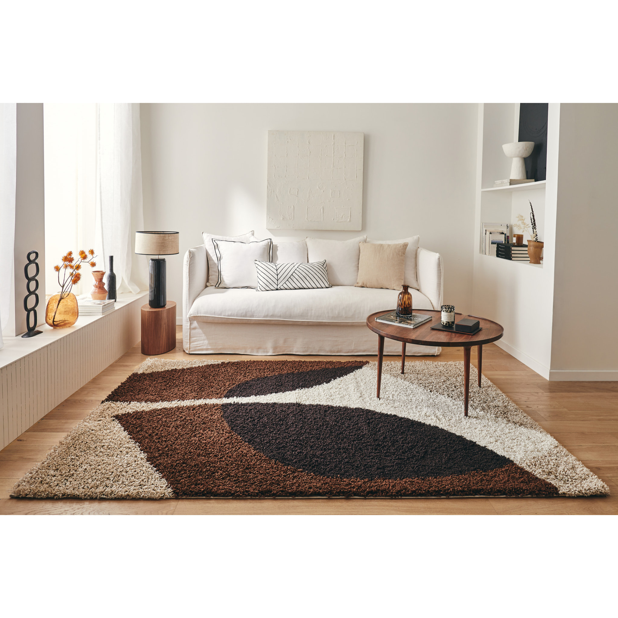 PALERME - Tapis shaggy à poils long à motif abstrait - Marron, Beige, Café et Crème