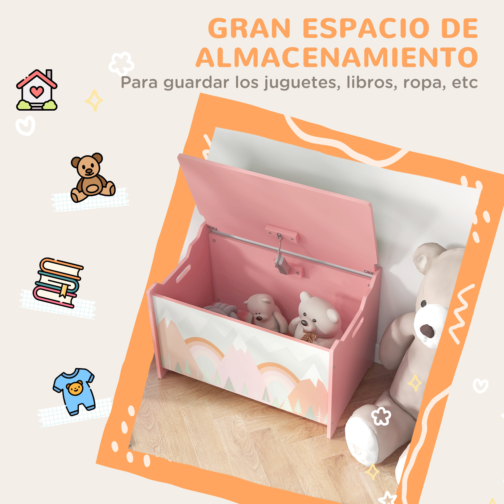 Cajas de Almacenamiento Cajas de Juguetes para Niños de 3 a 8 Años con 2 Asas y Estampado de Zorro Carga 20 kg para Libros Ropas en Dormitorio Salón Comedor 60x37x39 cm Rosa