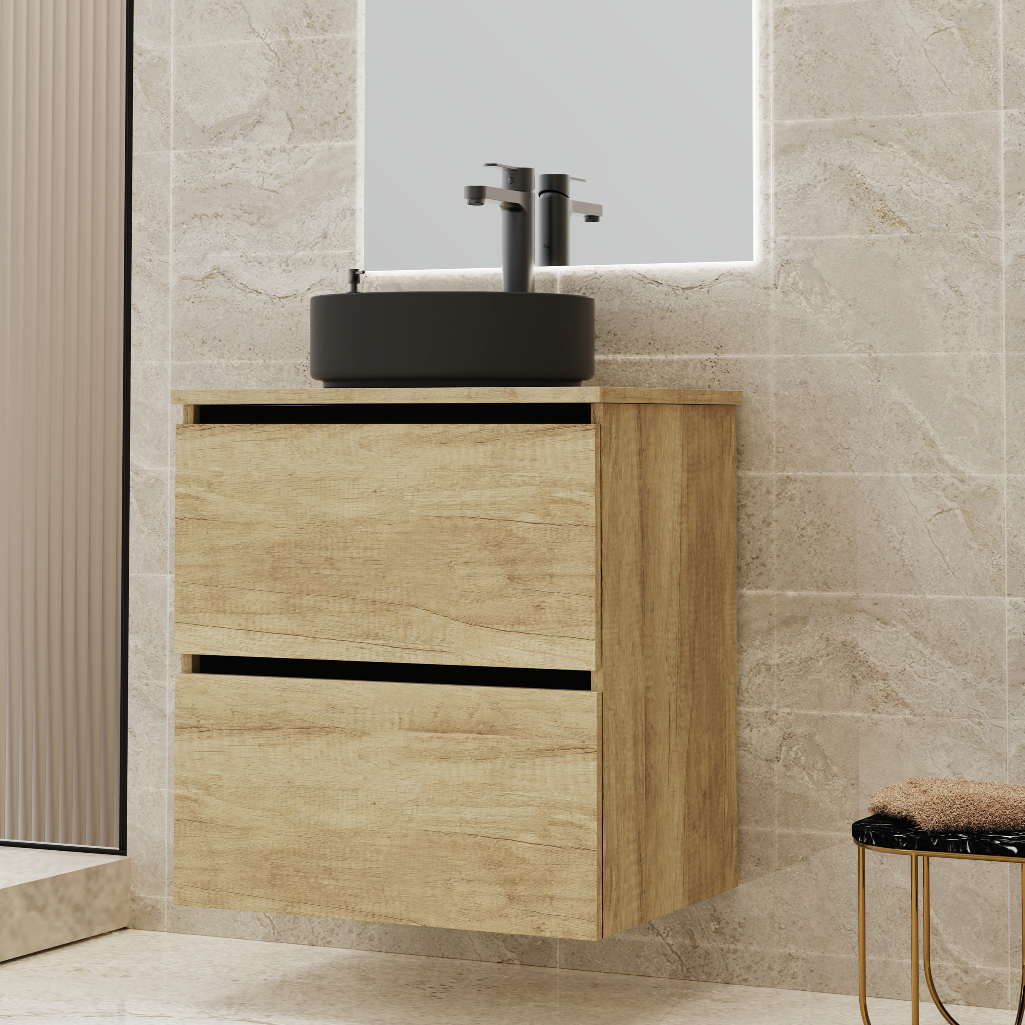 Conjunto de Baño Gloom | Mueble de Baño Suspendido | 60 cm Nature| Dos Cajones | Lavabo sobre Encimera | Mueble Montado | Alday