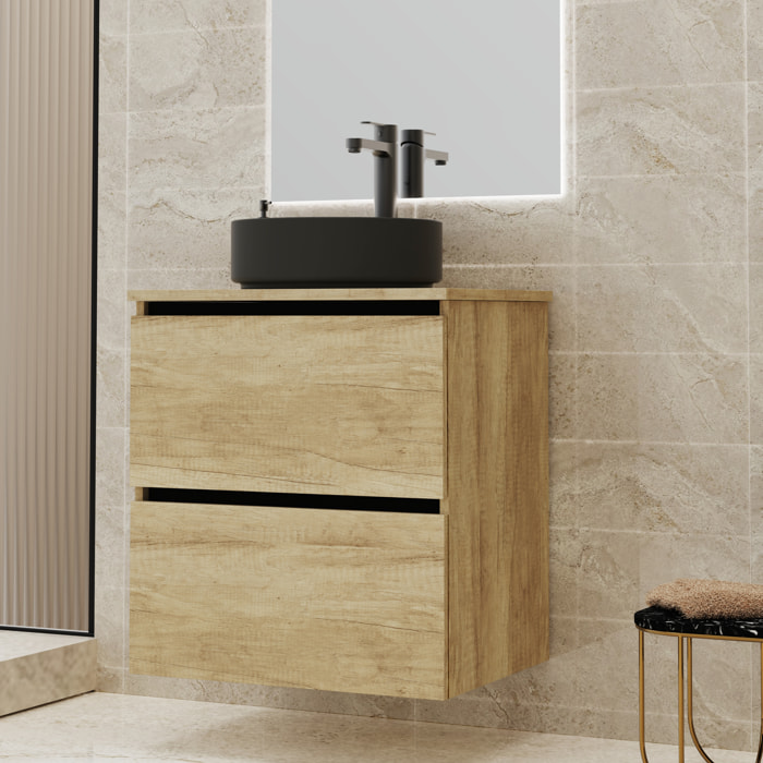 Conjunto de Baño Gloom | Mueble de Baño Suspendido | 60 cm Nature| Dos Cajones | Lavabo sobre Encimera | Mueble Montado | Alday