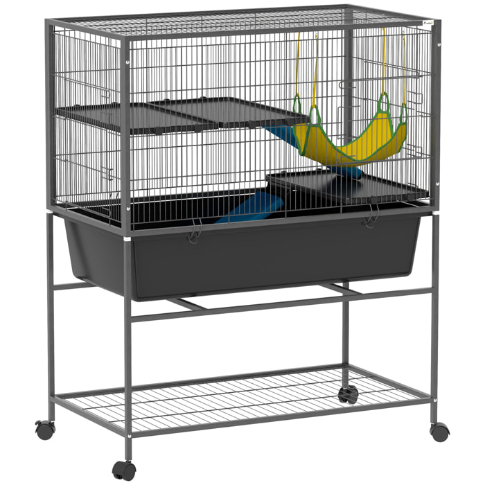 Jaula para Hurones de 3 Niveles Jaula para Conejos con Ruedas Rampas Hamaca y Bandeja Extraíble Recinto para Roedores Chinchillas 88x48x102 cm Gris Oscuro