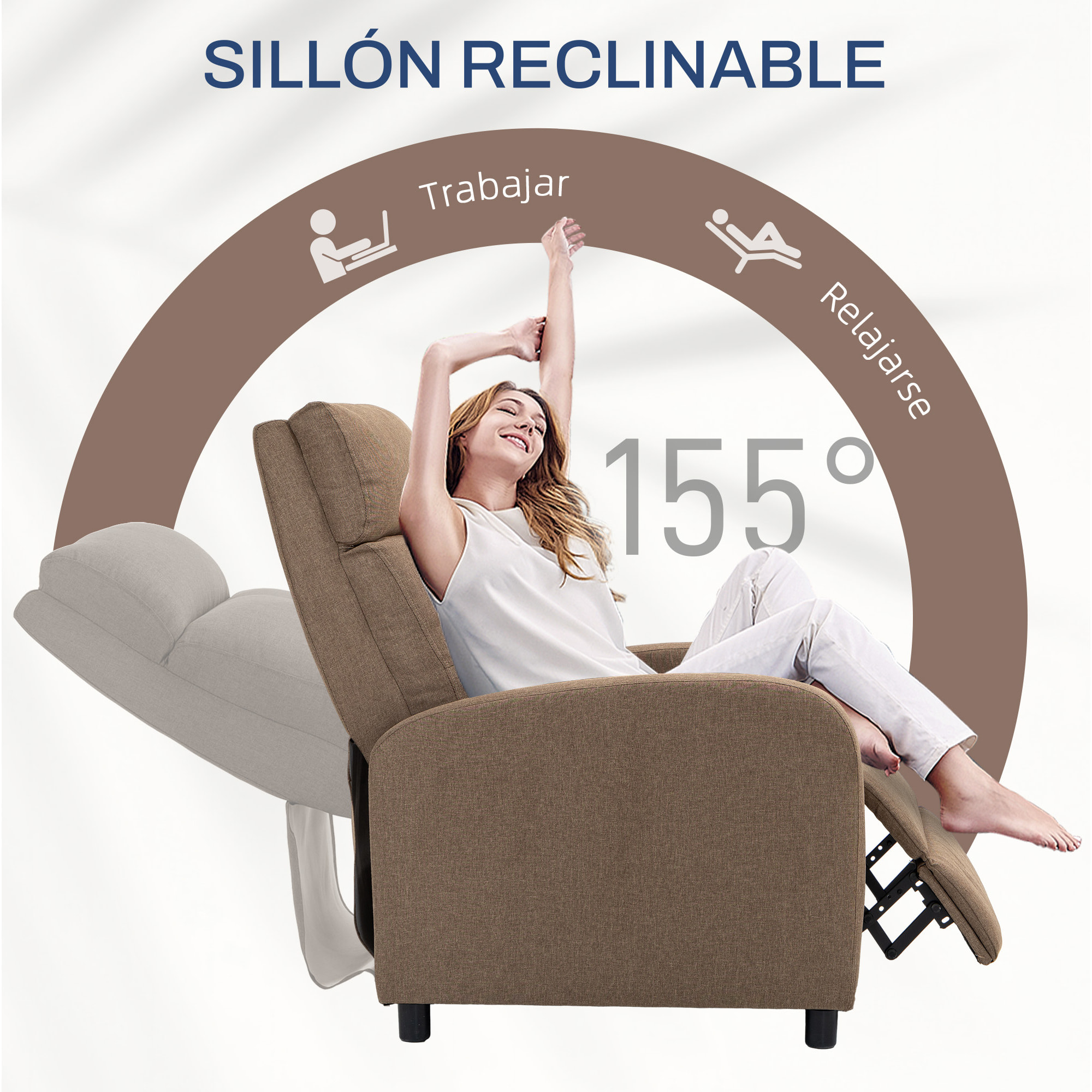 Sillón Relax Reclinable Manual Sillón Reclinable para Salón Tapizado en Tela con Reposapiés Respaldo Alto Carga 150 kg para Dormitorio Oficina Marrón