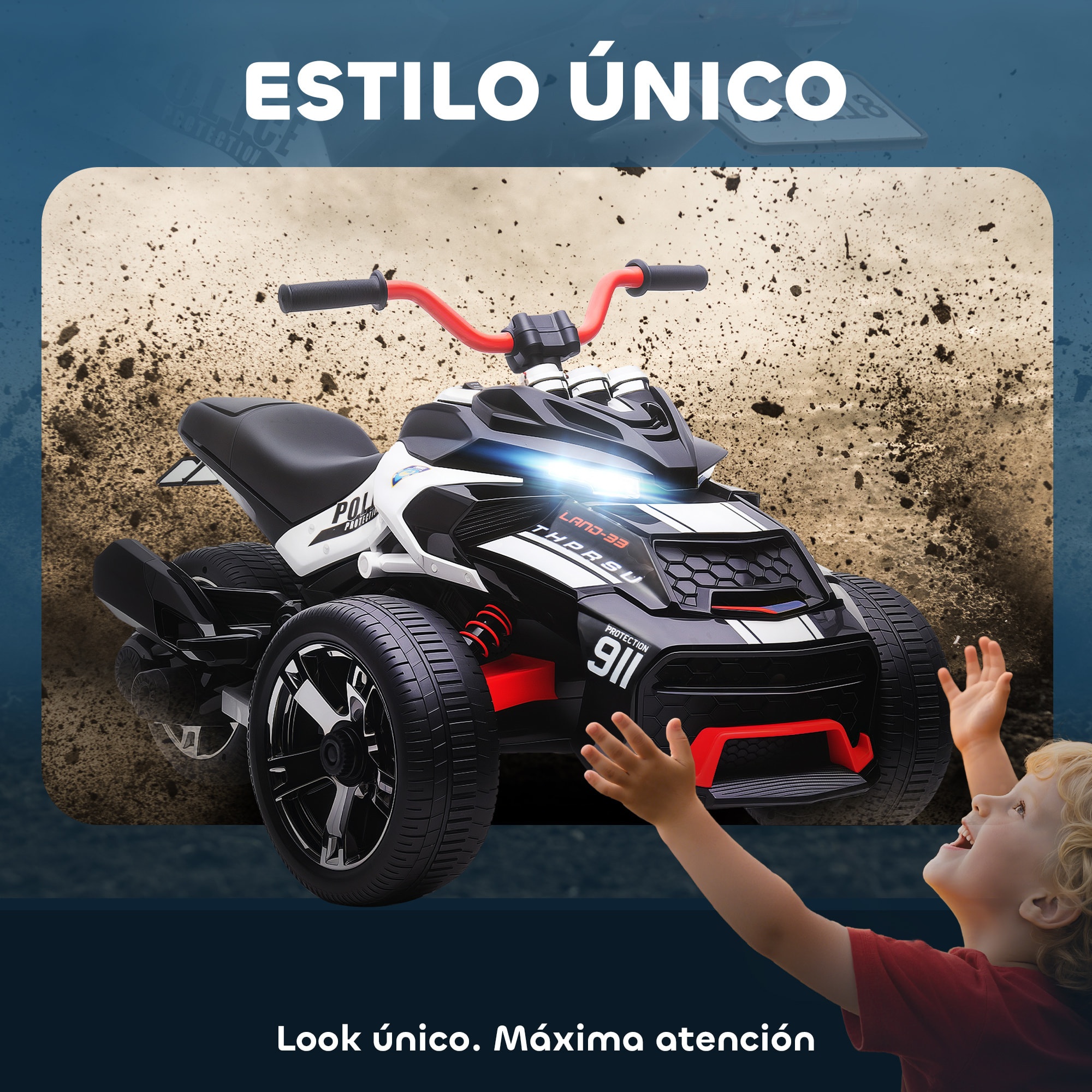 Quad Eléctrico para Niños 12V, Quad para Niños de 3-8 Años, con 2 Motores, Velocidad hasta 5â€¯km/h, 3 Ruedas, Sistema de Suspensión, Faros, Bocina, Música, USB, Negro y Blanco