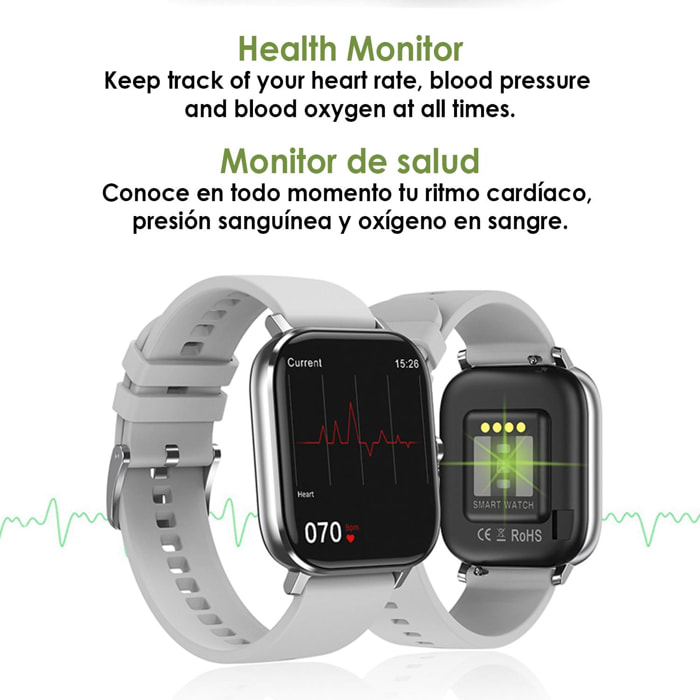 Smartwatch DT35+ con termometro, pressione sanguigna e monitor dell'ossigeno. Notifiche su schermo iOS e Android.