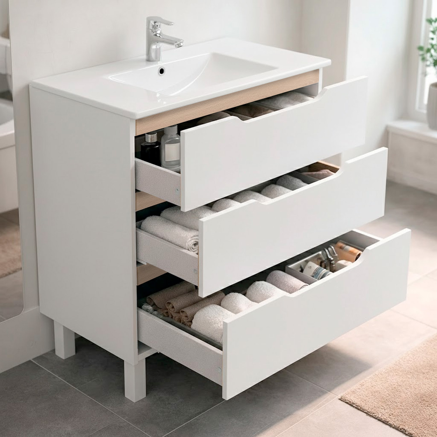 Mobile Bagno A Terra Con 3 Cassettoni Soft Close E Lavabo In Ceramica Incluso Mobiletto Design Moderno Salvaspazio 80 x 45 x 86 Cm Colore Bianco