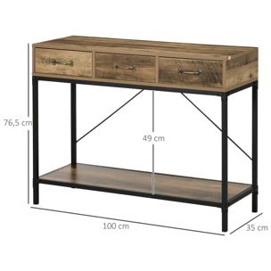 Console table d'appoint design industriel 3 tiroirs étagère acier noir panneaux particules aspect bois vieilli