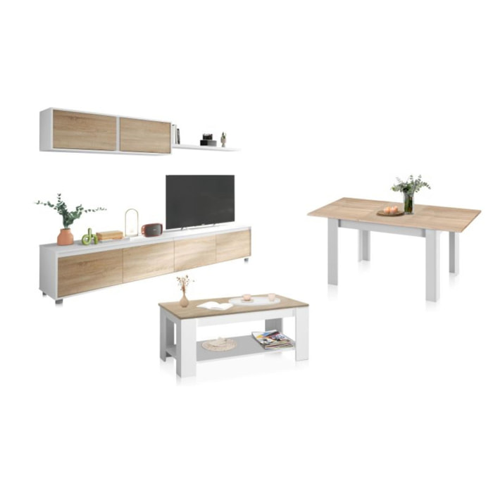 Pack salón con mesa de centro y mesa de comedor Arlet Max Blanco Artik (Blanco Mate) - Roble Canadian