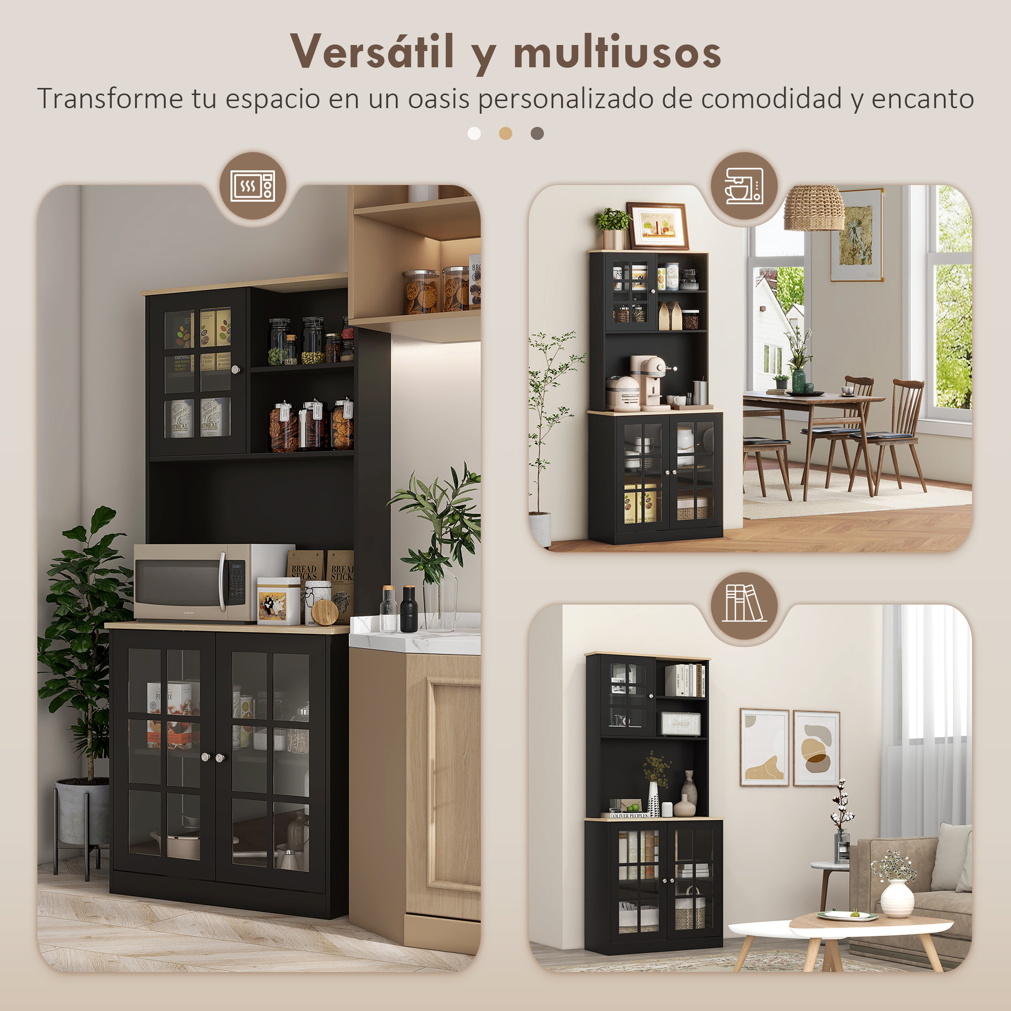 Alacena de Cocina, Mueble Auxiliar de Cocina, con 3 Puertas de Vidrio, Encimera Abierta para Microondas, Estantes Ajustables, Compartimentos Abiertos, 80x37x183 cm, Negro