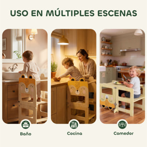 Torre de Aprendizaje 3 en 1 Plegable, Convertible en Escritorio y Silla, Taburete de Aprendizaje para Niños de 2-5 Años con Pizarra, Dibujos de Zorros, para Baño, Cocina, Natural