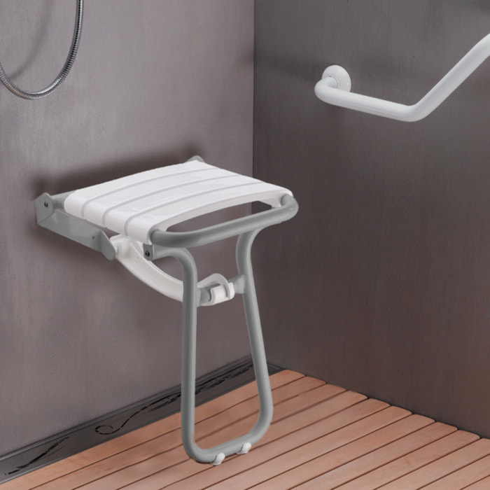 Siège de douche PMR PELLET Essentiel confort escamotable avec pied aluminium époxy blanc lattes blanches