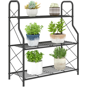 Soporte para Plantas de 3 Niveles para Interior y Exterior, Estantería para Plantas de Metal con Patas Ajustables y Asas, Resistente y Estable, para Macetas, Patio, Jardín, Balcón, Negro