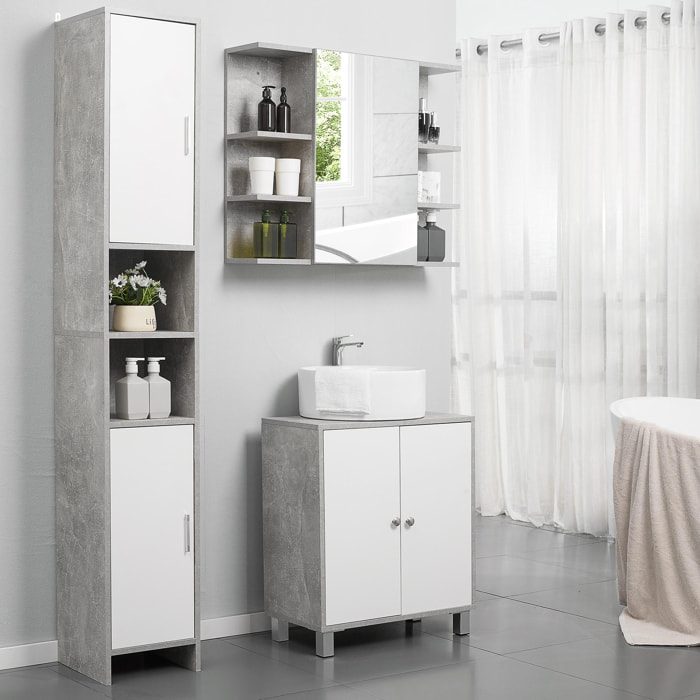 Meuble colonne rangement salle de bain dim. 30L x 30l x 180H cm 2 placards avec étagère + 2 niches panneaux particules aspect ciment blanc
