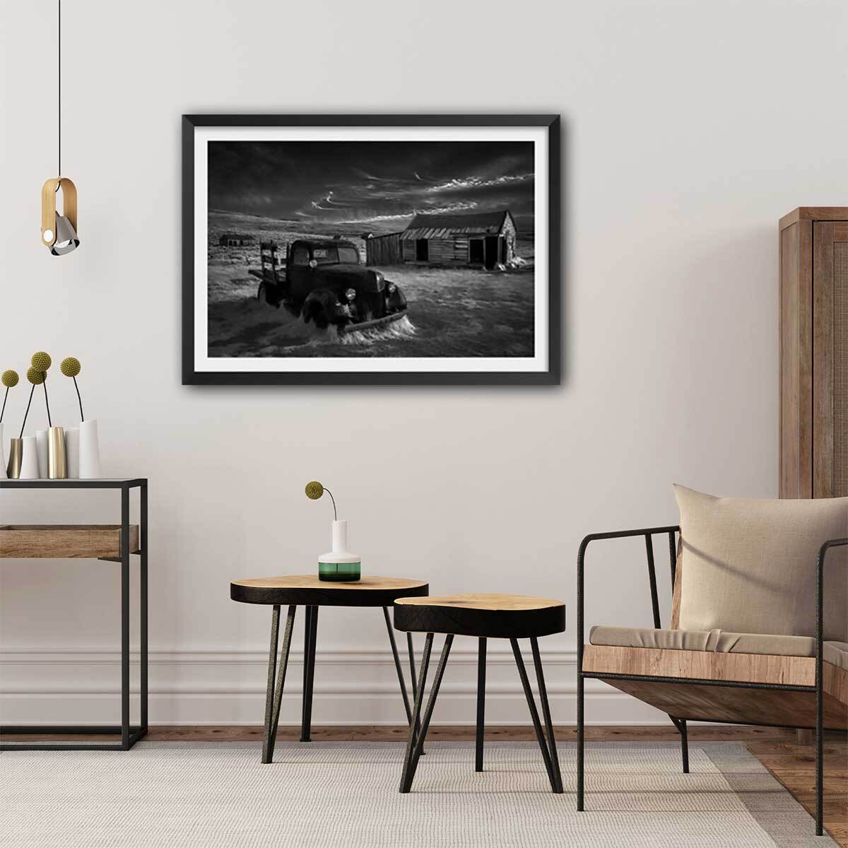 Affiche noir et blanc orage Affiche + cadre en bois - Noir