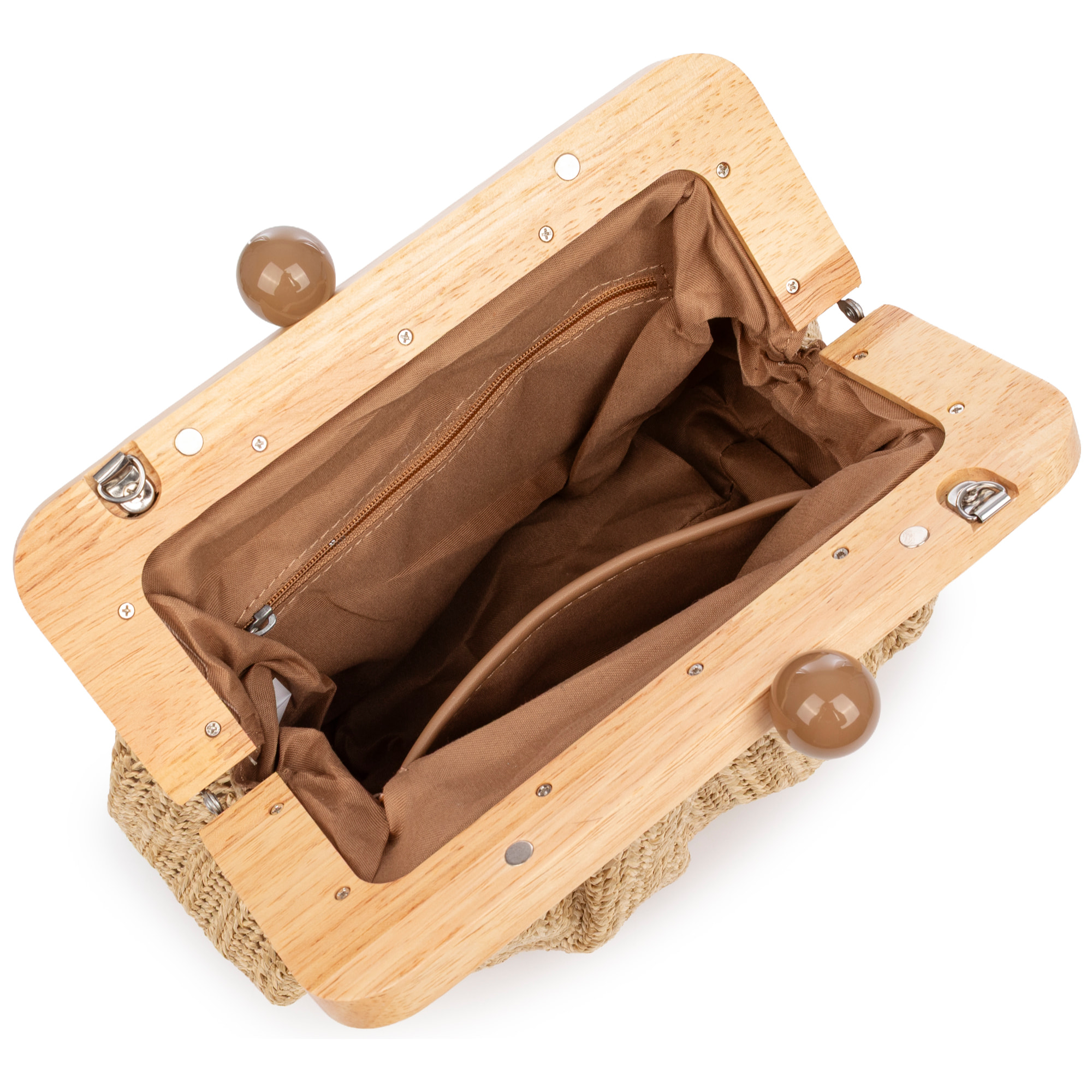 Benestare Bolso bandolera Mujer. Tela con detalles de madera natural y piel sintética.