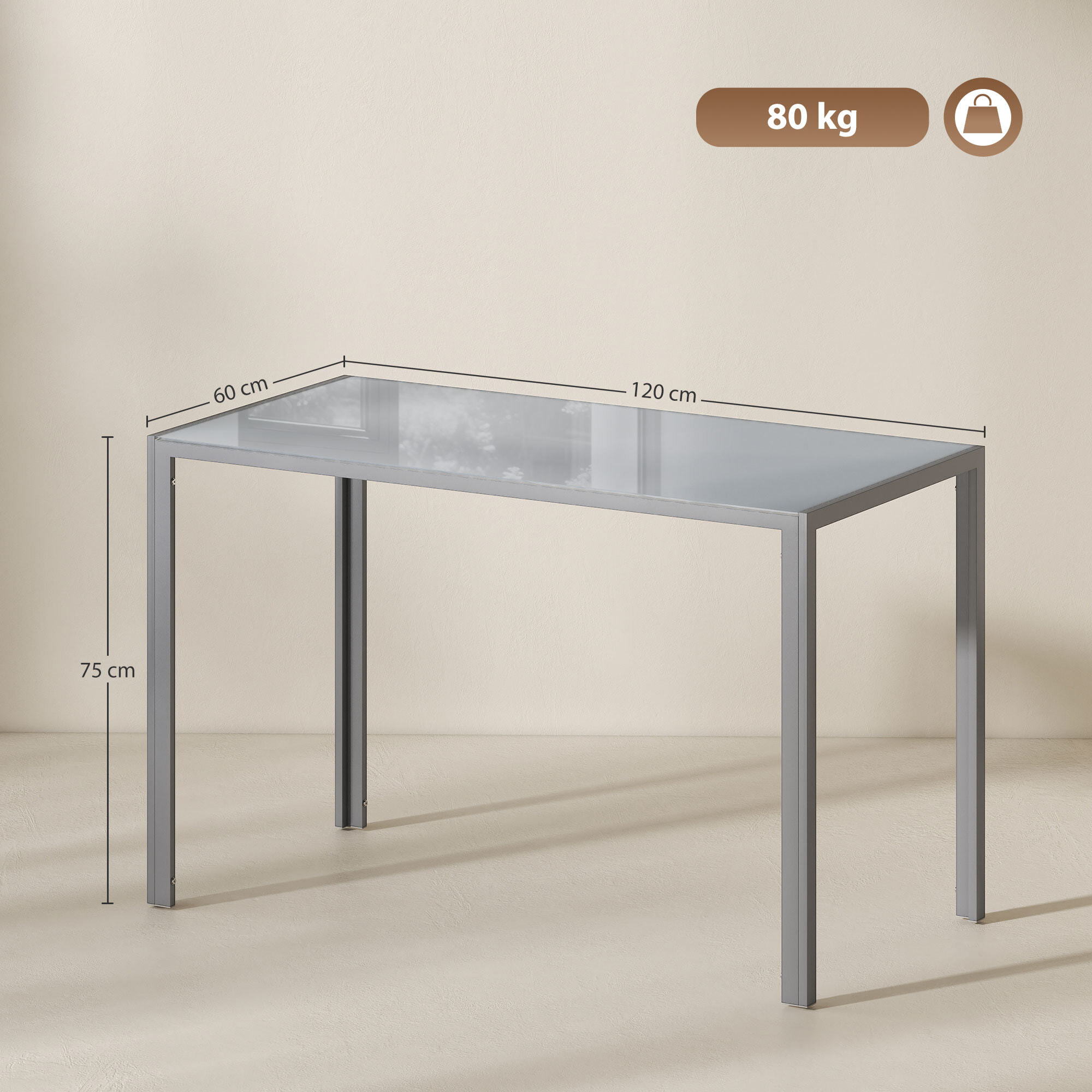 Mesa de Comedor de Cristal, Mesa Rectangular para 4-6 Personas con Patas de Metal, para Cocina, Salón, 120x60x75 cm, Gris