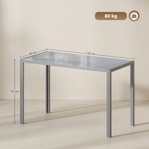 Mesa de Comedor de Cristal, Mesa Rectangular para 4-6 Personas con Patas de Metal, para Cocina, Salón, 120x60x75 cm, Gris