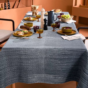 Nappe pur coton lavé motif jacquard bleu beige Cascades mineral
