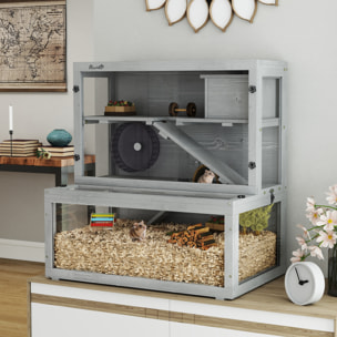 Cage hamster 3 niveaux avec cabane roue rampes bois gris