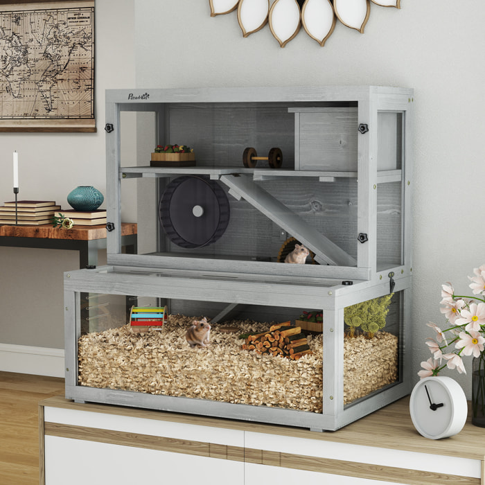 Cage hamster 3 niveaux avec cabane roue rampes bois gris