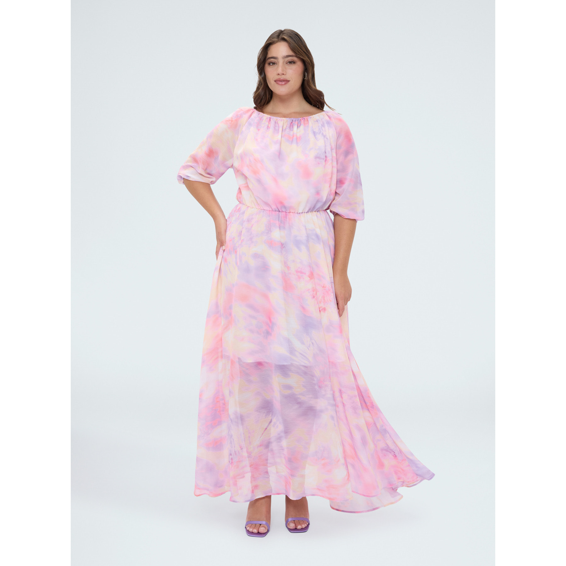 Fiorella Rubino - Vestito lungo off shoulder stampa sfumata - Rosa
