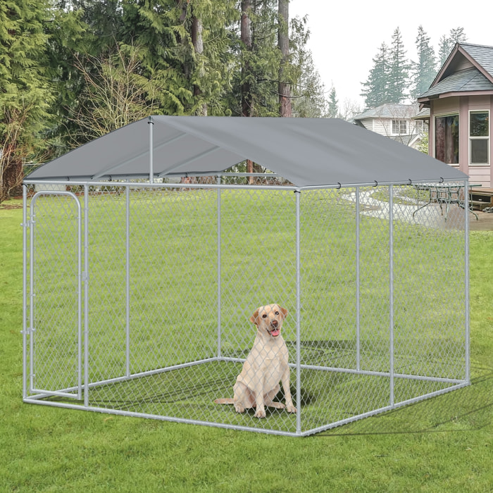 Perrera de Exterior con Toldo Jaula para Perros con 1 Puerta Anti-UV Impermeable y Marco de Acero para Jardín Patio 300x300x234 cm Plata