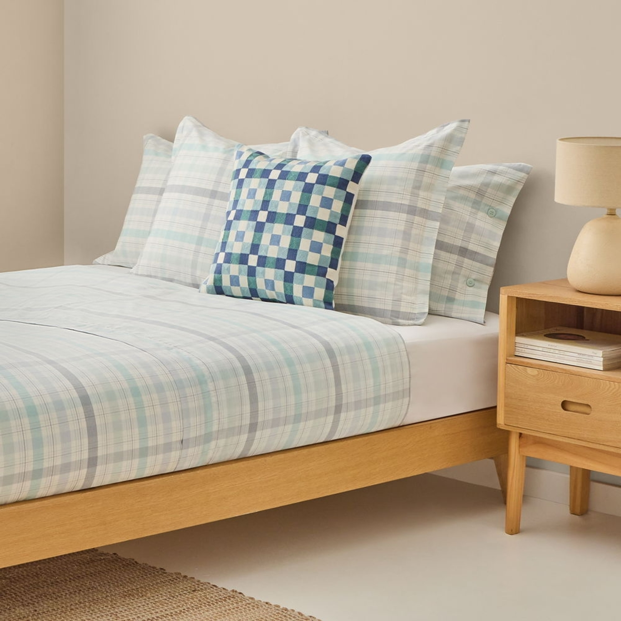 Sábana de algodón 180 hilos cuadros Newren color agua marina 100% Algodón