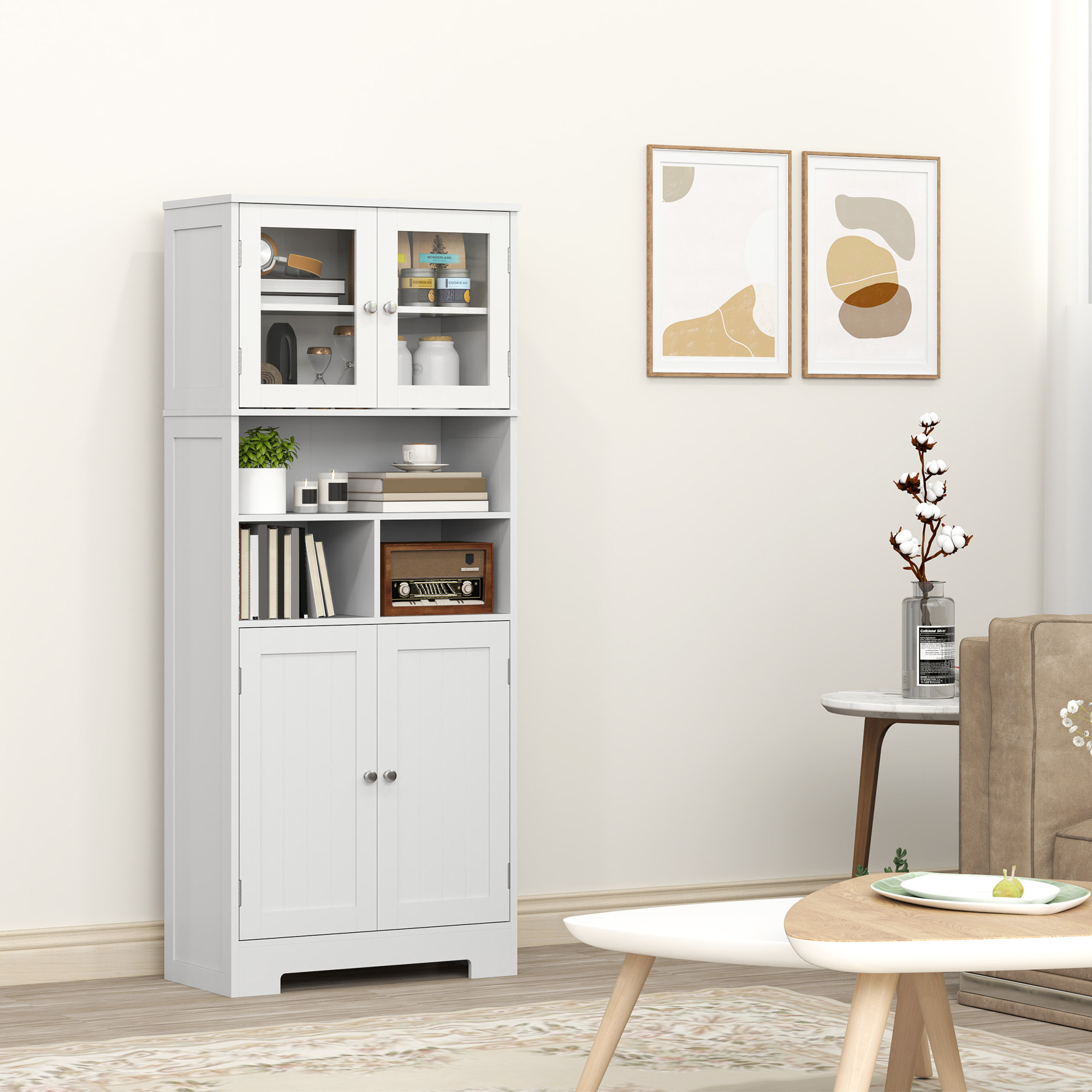 Alacena de Cocina Mueble Auxiliar de Cocina Aparador Alto con 2 Puertas de Vidrio Estantes Ajustables y Compartimentos Abiertos 60x30x145,5 cm Blanco