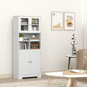 Alacena de Cocina Mueble Auxiliar de Cocina Aparador Alto con 2 Puertas de Vidrio Estantes Ajustables y Compartimentos Abiertos 60x30x145,5 cm Blanco