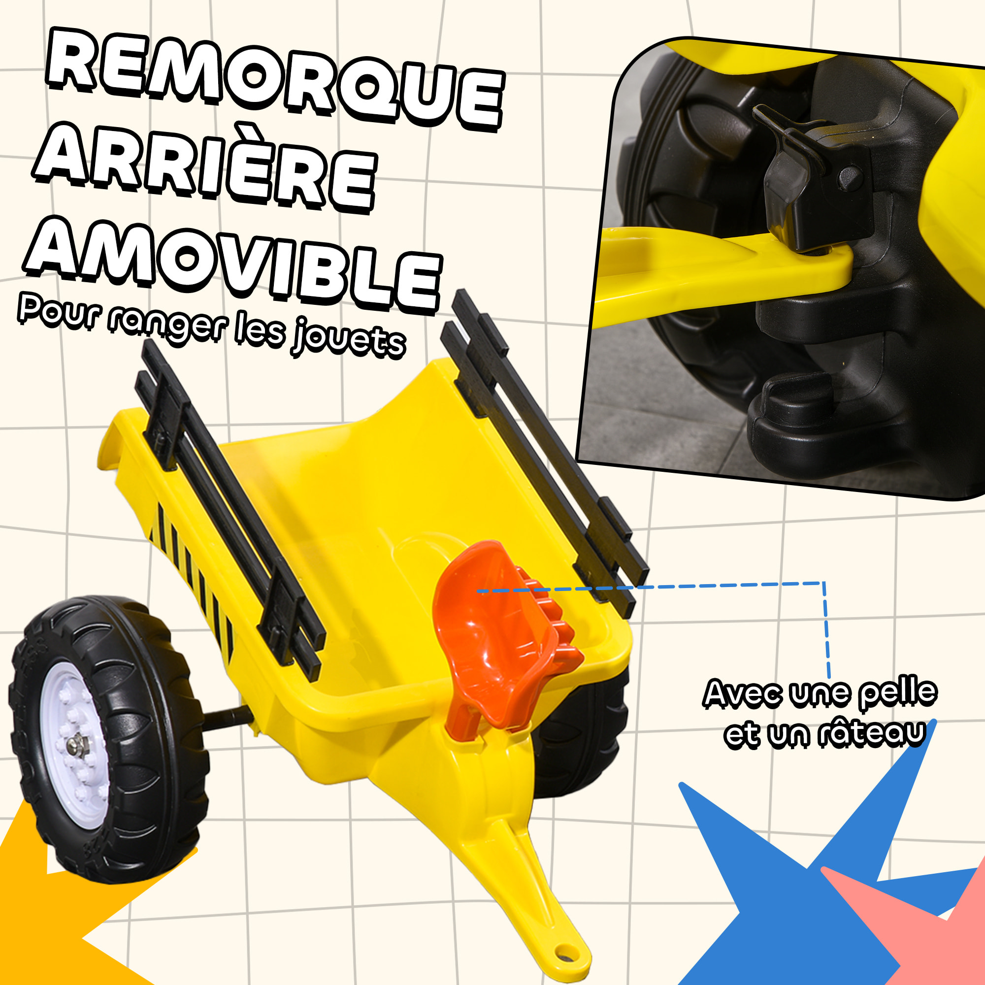 Porteur tracteur enfants avec remorque, râteau et pelle, tracteur à pédales 6 roues, charge 35 kg, pour 3+ ans, jaune