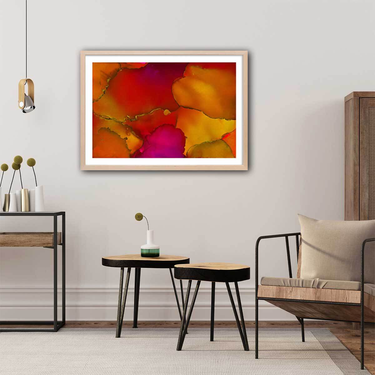 Poster fragments orangés Affiche + cadre en bois - Chêne