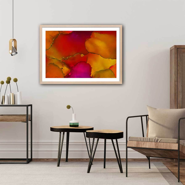 Poster fragments orangés Affiche + cadre en bois - Chêne