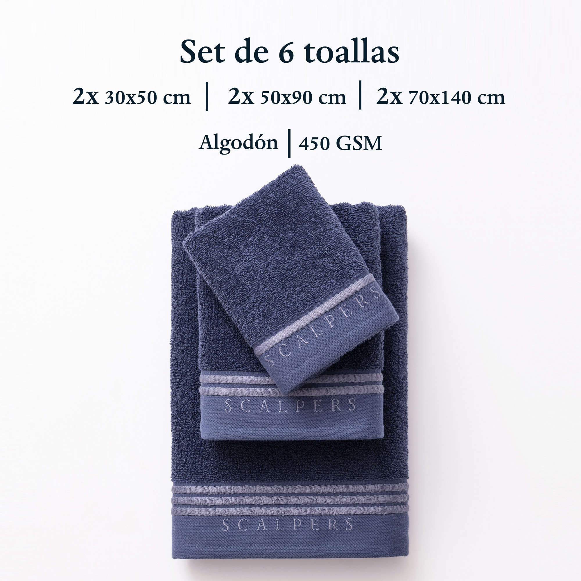 Set 6 toallas baño (2x tocador 30x50cm + 2x manos 50x90cm + 2x baño 70x140cm) 450gsm en algodón azul con gris scalpers home