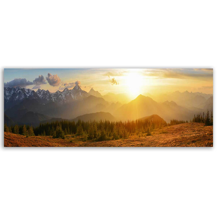 Tableau panoramique lever de soleil forêts et montagnes Toile imprimée