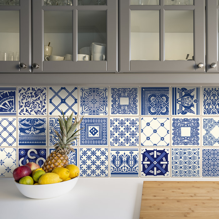 Stickers muraux - Sticker Mural Carrelage adhésif Cuisine Salle de Bain - 24 STICKERS CARREAUX DE CIMENT AZULEJOS DIONISIO